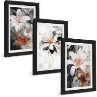 Wallfluent 3-Delige Schilderij Set - Bloemen Op Een Marmeren Achtergrond In Wit- En Zwarttinten. - 20 x 30 cm - Moderne Wanddecoratie - Slaapkamer - Woonkamer Decoratie