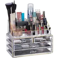 Famanu – Make-up organizer met 4 laden en 20 vakken, tweedelige cosmetica opbergdoos, transparant met goudaccent