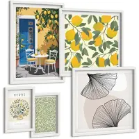 Wallfluent 5-Delige Schilderij Set - Stijlvolle Accenten Met Plant- En Fruitmotieven. - 50 x 50 cm, 20 x 30 cm En 40 x 60 cm - Moderne Wanddecoratie - Woonkamer