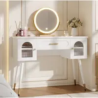 STILVORA Schminktafel met LED-spiegel en 1 lade, make-uptafel met 2 kastdeuren en veel opbergruimte, kaptafel in Scandinavische stijl, wit