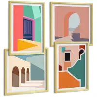 Wallfluent 4-Delige Schilderij Set - Kleurrijke Stadsgezichten In Een Moderne Stijl. - 40 x 40 cm En 40 x 60 cm - Decoratieve Muurdecoratie - Slaapkamer - Woonkamer Decoratie
