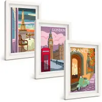 Wallfluent 3-Delige Schilderij Set - Retro Stadsgezichten Van Parijs, Londen En Frankrijk - 20 x 30 - Stijlvolle Wanddecoratie - Interieur - Moderne Wanddecoratie