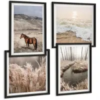 Wallfluent 4-Delige Schilderij Set - Paardenlandschap Van Zeegrasbos En Beek - 40 x 40 cm En 40 x 60 cm - Muurdecoratie - Schilderijen Set - Woonkamer - Interieur Decoratie