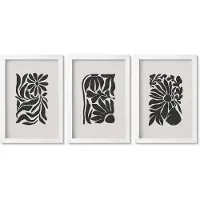 Wallfluent 3-Delige Schilderij Set - Abstracte Plantpatronen In Zwarttinten - 20 x 30 - Muurdecoratie - Wanddecoratie - Hal - Woonkamer Decoratie