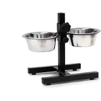Famanu – Hondenvoerbak op standaard, antislip, in hoogte verstelbaar, dubbel, elk 0,8 liter, zilver