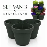 Benza – Stapelbare Bloempot Set van 3 – Ø 44 x 20 cm – 9 Plantvakken – Donkergroen – 90% Gerecycled Materiaal