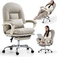 Famanu – Bureaustoel voor thuis, ergonomische bureaustoel met voetsteun, comfortabele stoel met wielen, mid-back criss cross ontwerp voor thuiswerk, beige
