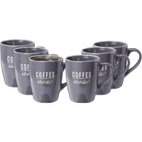 Excellent houseware Siaki koffie kopjes Barista Cafe - 6x stuks - donkerblauw - 220 ml - mokken - keramiek - 10 cm - met koffie thema teksten