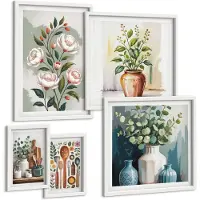 Wallfluent 5-Delige Schilderij Set - Stijlvolle Decoraties Met Plantmotieven En Keukenaccessoires - 50 x 50 cm, 20 x 30 cm En 40 x 60 cm - Wanddecoratie - Moderne Interieurdecoratie
