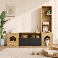 MODFU TV-kast met kattenverblijf, tv-meubel met hoge kast en opbergruimte, dressoir met open vakken en kastdeuren, houtlook