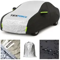 TexCorp Autohoes Buiten Waterdicht met Hagelbescherming – Autozeil Sedan 490x183x150 cm – Ademende Autodeken met Rits, Reflectoren en Spanbanden – Incl. Opbergtas