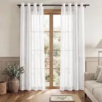 Famanu – Witte gordijnen met kruismotief, set van 2 panelen, romantische raamdecoratie van linnenlook stof