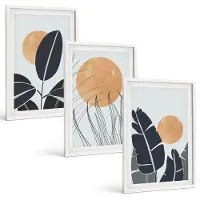 Wallfluent 3-Delige Schilderij Set - Plantenpatronen Met Grote Zonnen In Minimalistische Stijl - 40 x 60 - Wanddecoratie - Schilderijen Set - Kantoor - Stijlvolle Muurdecoratie