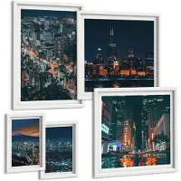 Wallfluent 5-Delige Schilderij Set - Nachtelijke Uitzichten Op Moderne Steden En Hun Architectuur - 50 x 50 cm, 20 x 30 cm En 40 x 60 cm - Wanddecoratie - Schilderijen Set - Interieur