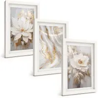Wallfluent 3-Delige Schilderij Set - Bloemen En Abstract Marmerpatroon - 20 x 30 - Wanddecoratie - Schilderijen Set - Kantoor - Muurdecoratie