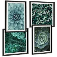 Wallfluent 4-Delige Schilderij Set - Vetplanten In Groene En Turquoise Tinten. - 40 x 40 cm En 40 x 60 cm - Decoratieve Schilderijen - Woonkamer - Interieur - Wanddecoratie