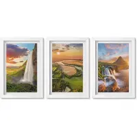 Wallfluent 3-Delige Schilderij Set - Watervallen, Berglandschappen En Rivieren Bij Zonsondergang - 20 x 30 - Muurdecoratie - Wanddecoratie - Slaapkamer - Woonkamer Decoratie