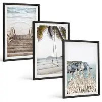 Wallfluent 3-Delige Schilderij Set - Strand Met Houten Trap En Een Schommel Aan Zee - 40 x 60 cm - Wanddecoratie - Moderne Interieurdecoratie