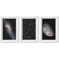 Wallfluent 3-Delige Schilderij Set - Ruimte, Melkweg, Sterren En Volle Maan - 20 x 30 - Decoratieve Schilderijen - Woonkamer - Interieur - Muurdecoratie