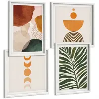 Wallfluent 4-Delige Schilderij Set - Abstracte Vormen In Warme Kleuren En Bladeren - 40 x 40 En 40 x 60 - Stijlvolle Muurdecoratie - Slaapkamer - Interieur Decoratie