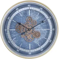 Fresco Wandklok Ø 60 cm - Bewegende Tandwielen – Wereldkaart – Blauw/Goud – Industriële Klok
