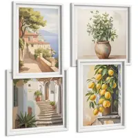 Wallfluent 4-Delige Schilderij Set - Bloemen In Een Vaas Met Uitzicht Op Zee En Citroenen - 40 x 40 En 40 x 60 - Schilderijen Set - Wanddecoratie - Woonkamer - Decoratieve Schilderijen
