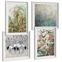 Wallfluent 4-Delige Schilderij Set - Tropische Planten En Kleurrijke Vogels In De Natuur - 40 x 40 En 40 x 60 - Schilderijen Set - Wanddecoratie - Woonkamer - Interieur Decoratie