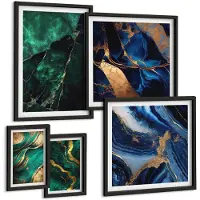 Wallfluent 5-Delige Schilderij Set - Elegante Abstracties In Tinten Groen En Blauw - 50 x 50 cm, 20 x 30 cm En 40 x 60 cm - Muurdecoratie - Decoratieve Schilderijen - Wohnzimmer - Woonkamer Decoratie