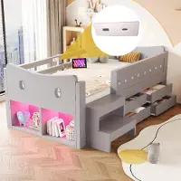 MODFU Kinderbed 90 x 200 met 4 lades, tienerbed met opbergruimte, multifunctioneel bed met LED-verlichting en opstaptreden, zonder matras, grijs