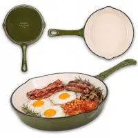 Atusa - Gietijzeren Pan - Koekenpan - Geëmailleerde Gietijzeren Koekenpan - Cast Iron Frying Pan - Geschikt voor Inductie, Gas & Dutch Oven - Ø20 x 4.5 cm - Olijfgroen