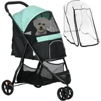 PawHut 2 in 1 Hundewagen Hundebuggy mit Regenschutz klappbar für Hunde & Katzen bis 10 kg Katzenbuggy mit Kissen Netzfenstern Türen Aufbewahrungskorb Katzenwagen Buggy Grün