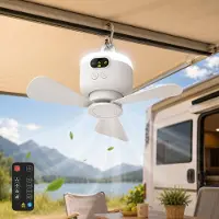 Lapamax Oplaadbare Hangventilator met Lamp - 8.000 mAh - 4 Snelheden - Afstandsbediening en Timer - Campingventilator voor Tent en Camper - Grijs - Ø 27 cm