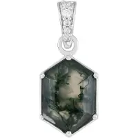 Cavill - Zilveren Hanger Zeshoekige Mosagaat 3 ct - 925 Sterling Zilver Gerhodineerd - Pavé Zirkonia 0,142 ct - Elegante Sieraden met Natuursteen