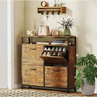 STILVORA Schoenkast Met 4 Klapvakken En Open Vak - Smal Industrieel Design Voor Hal En Woonruimte - Hout En Staal - Rustic Brown - 98x24x95 Cm