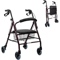 ALLVIA Rollator Lichtgewicht en Opvouwbaar - Rollator Lichtgewicht - Rollators Binnen en Buiten - Opvouwbaar en Verstelbaar - Met Mand en Stoel - Bordeaux - 77cm x 60cm x 93cm