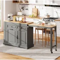 OKWISH Keukeneiland - Uitschuifbaar Werkblad 112-180x45x92 cm - 2 Lades En 2-Deurs Kast - Verrijdbaar Met Opbergruimte - MDF Grijs