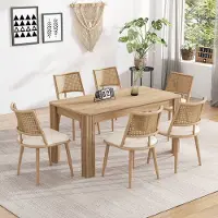 OKWISH Eetkamerstoel – Set Van 6 Met Rattan Rugleuning En PU Zitting – Licht En Comfortabel – Voor Eetkamer – Beige