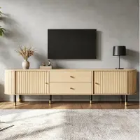 MODFU TV-kast 180cm, dressoir voor een 75-inch televisie, ovale tv-meubel met schuifdeuren en lades, tv-kast met houtlook, naturel