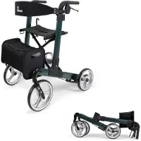 Parvum Luxo Rollator - Luxe dubbel opvouwbare rollator (7kg) - Incl. stokhouder, tas & rugleuning - Petrolgroen, Large