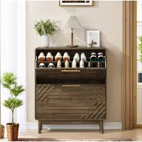 STILVORA Schoenenkast Vrijstaand Met Twee Kleppen En Open Vak - Walnootkleurig MDF - Voor Hal En Entree - 80 X 24 X 95 Cm