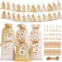 Sonstiges Adventskalender om zelf te vullen: 24 stoffen zakjes met cijfers, DIY, goud, beige, geel, 15x10 cm