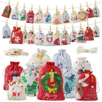 Sonstiges 24 gevulde zakjes voor een adventskalender, in 2 verschillende maten, met de cijfers 1-24, inclusief clips en touw, gemaakt van stof, voor Kerstmis