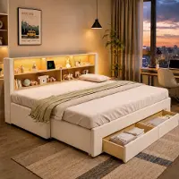 STILVORA Slaapbank 90x200 cm - Uitrekbaar Bed met USB- en Ledverlichting - 2 Lades en Opbergruimte - Voor Woonkamer en Slaapkamer - Velvet - Beige Zonder matras