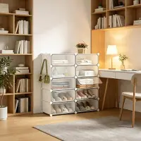 OKWISH Schoenenkast – Modulair Staand Rek – 40 x 30 x 170 cm – 10 Vakken – Voor Ca. 20 Paar Schoenen – Met Deuren – Kunststof En Metaal Wit
