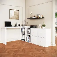 HAUSS SPOLE Hoekbureau - 360 Graden Draaibaar Met 8 Vakken En 4 Laden - Flexibel Voor Kantoor En Thuiswerkplek - MDF - 140x120x78 Cm - Wit