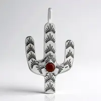Cavill - Zilveren Hanger met Rode Jaspis 0,414 ct - 925 Sterling Zilver Geoxideerd - Boho Cactusvorm - Handgemaakt Natuursteen Sieraad