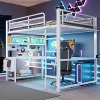MODFU - Hoogslaper Met Bureau En Opbergruimte - Ledverlichting En Laadstation - Metaal En MDF - Wit - 140 x 200 cm
