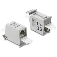 DeLOCK RJ45 Coupler Cat.6A jack to jack with dust protection cap for DIN rail mounting, shielded grey / white