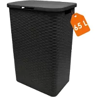 Famanu – Kunststof wasmand antraciet met deksel in rotan-look, 65 liter, ruimtebesparend en vochtbestendig