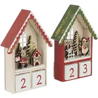 J-Line decoratie Huis Adventskalender - multiplex - rood/donkergroen - 2 stuks - LED